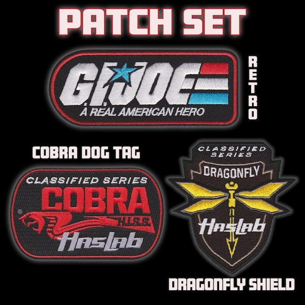 Hasbro GI JOE Retro toy logo embroidered patch set with HasLab Cobra H.I.S.S. dogtag and DRAGONFLY shield Celebratory designs