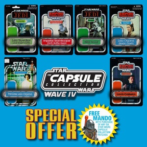 May include: A collection of six Star Wars action figure cards featuring characters from the original trilogy. The cards are set against a blue background with the text "Star Wars The Capsule Collection Wave IV" and "Special Offer" in large letters. A free Mandalorian figure is offered with the purchase of any six cards.