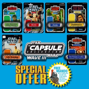 May include: A collage of Star Wars character trading cards featuring Luke Skywalker, R5-D4, Ahsoka, Chewbacca, and See-Threepio. The cards are part of the Star Wars Capsule Collection Wave III. A special offer for a free Mandalorian patch is included with the purchase of six cards.