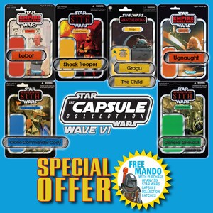 May include: A set of six Star Wars character patches, featuring characters from the Star Wars movies and TV series. The patches are in the style of vintage Kenner action figure packaging. The patches are part of the Star Wars Capsule Collection Wave VI. A special offer is included for a free Mando patch with the purchase of any six Star Wars Capsule Collection patches.