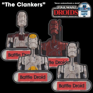 Peut inclure: Quatre patchs brodés représentant des droïdes de combat Star Wars. Les patchs sont de différentes couleurs, notamment rouge, blanc et gris. Le texte "Battle Droid" est visible sur les patchs.