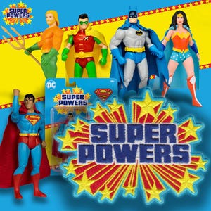 May include: A set of five DC Comics Super Powers action figures, including Superman, Batman, Robin, Wonder Woman, and Aquaman. The figures are posed in dynamic action stances and feature bright, colorful costumes. The figures are displayed on a blue background with a yellow star pattern and a red and yellow Super Powers logo.