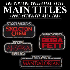 May include: Four rectangular embroidered patches featuring Star Wars titles: Skeleton Crew, Ahsoka, The Book of Boba Fett, and The Mandalorian. Each patch has a black background, red lettering, and a silver-grey border with a textured pattern.