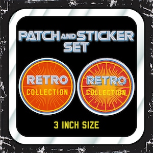 May include: A set of two 3-inch round patches and stickers with a retro sunburst design. The patches and stickers are orange, red, and blue with the text "Retro Collection" in white.