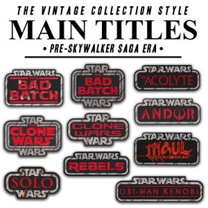 May include: A collection of rectangular embroidered patches featuring Star Wars titles including The Bad Batch, The Acolyte, Andor, Clone Wars, Maul Shadow Lord, Rebels, Solo, and Obi-Wan Kenobi. Each patch has a black background with red text.