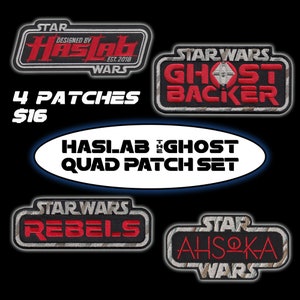 May include: Set of four embroidered patches featuring Star Wars characters and logos. The patches are gray with red and white lettering. The patches include the Ghost ship, Ahsoka Tano, Rebels, and Haslab.