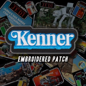May include: A black embroidered patch featuring the word Kenner in white lettering with a bright blue outline. The patch is centred over a collage of various Star Wars toy packaging, including images of the AT-AT, Jabba's Sail Barge, and TIE Interceptor.