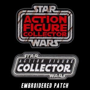 May include: Two embroidered patches featuring the text STAR ACTION FIGURE COLLECTOR WARS. The top patch has red lettering on a black background with a white and tan border. The bottom patch has white lettering on a black background with a white border.
