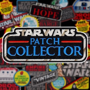 May include: Embroidered patch with the text "STAR WARS PATCH COLLECTOR" in white and blue lettering. The patch has a black border and a red horizontal line. Other Star Wars patches are in the background.