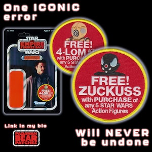 Może przedstawiać: Czerwono-żółta łatka z figurką Star Wars z napisem "FREE! 4-LOM with PURCHASE of any 5 STAR WARS Action Figures". Druga czerwono-żółta łatka z napisem "FREE! ZUCKUSS with PURCHASE of any 5 STAR WARS Action Figures".