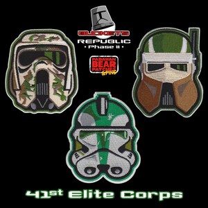 Star Wars "Buckets" 41st Elite Corps Clone Trooper helmet embroidered iron-on patches: Gree, AT-RT, Kashyyyk Scout