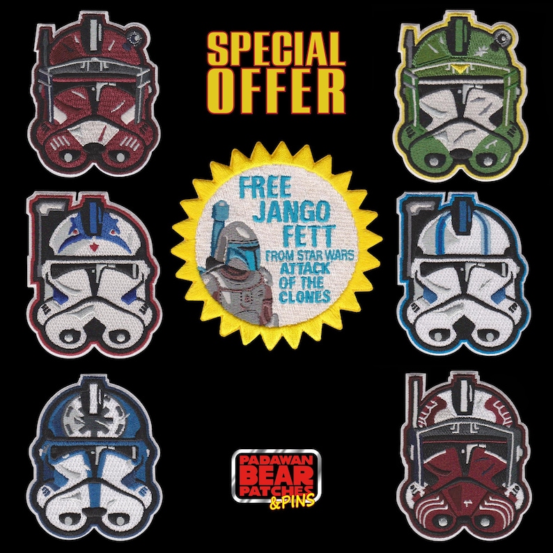 Puede incluir: Parches bordados con cascos de soldados clon de Star Wars en varios colores, incluyendo rojo, verde y azul, con el texto "SPECIAL OFFER". Tambi&eacute;n se incluye un parche circular con Jango Fett.