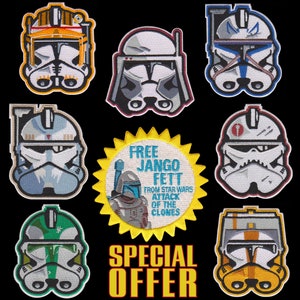 Puede incluir: Un conjunto de nueve parches bordados con cascos de soldados clon de Star Wars. Los parches son de varios colores, incluyendo azul, rojo, amarillo, verde y blanco. Los parches están rodeados por una estrella amarilla con el texto "Free Jango Fett from Star Wars Attack of the Clones" y el texto "Special Offer".