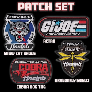 HasLab GI JOE Retro Embroidered Patch Set: Cobra H.I.S.S., Dragonfly Shield, Snowcat Badge
