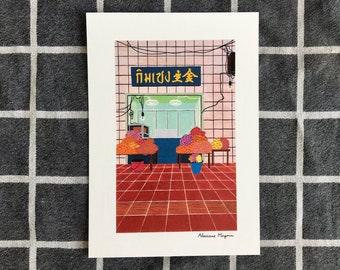Tarjeta A5 / Pak Khlong Talat, Bangkok / Mercado de flores de Bangkok Gouache Postal Tailandia