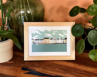 Mapa A5 / Quai de la Fosse, Nantes / postal gouache del Quai de la Fosse vista desde la isla de Nantes