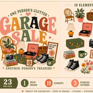 Puede incluir: Un conjunto gráfico digital con el texto ONE PERSON'S CLUTTER GARAGE SALE ANOTHER PERSON'S TREASURE, 19 ilustraciones individuales que incluyen una silla de madera, planta, cesta, lámpara, tocadiscos, maleta, cámara y zapatillas.