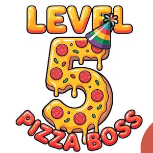 Nivå 5 Pizza Boss PNG, 5-årsdags Gamer Clipart, Bubble Font Design (Digital Nedladdning)