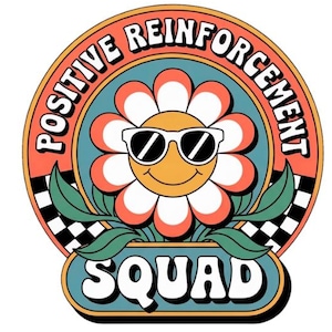 Op de afbeelding: Wit T-shirt met een retro design van een lachende bloem met zonnebril. Het ontwerp bevat de woorden "POSITIVE REINFORCEMENT SQUAD" in een cirkelvormige lijst met een dambordpatroon. De afbeelding toont ook de woorden "HIGH RESOLUTION | 300 DPI TRANSPARENT PNG".