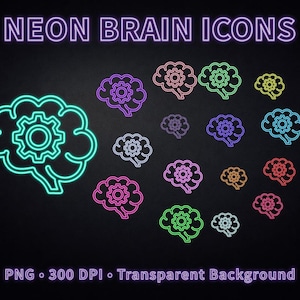 Puede incluir: Iconos de cerebro de neón en varios colores, incluyendo turquesa, morado, rosa, amarillo y rojo, sobre un fondo negro. Cada icono de cerebro presenta un diseño de engranaje. El texto "NEON BRAIN ICONS" se muestra en la parte superior.