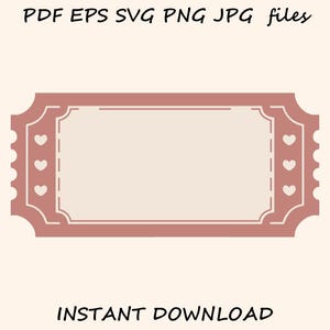 Può includere: Una grafica a forma di biglietto rosa con interno rosa chiaro e bordo bianco. Il design include forme di cuore sui lati. Il testo in alto recita "PDF EPS SVG PNG JPG files" e "INSTANT DOWNLOAD" in basso.