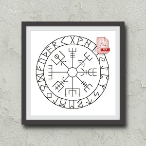 以下が含まれることがあります： 外側にルーンが描かれたコンパスの白黒線画。コンパスは中心点から4本の腕が円の外縁まで伸びている。ルーンはコンパスの周りを円形に配置されている。画像は黒い枠に入っている。