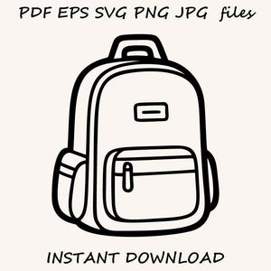 Könnte beinhalten: Schwarz-Weiß-Illustration eines Rucksacks. Der Rucksack hat ein Hauptfach, eine Vordertasche und Seitentaschen. Das Bild enthält den Text "PDF EPS SVG PNG JPG files" und "INSTANT DOWNLOAD".