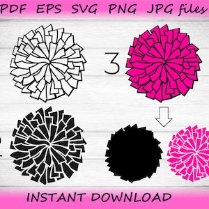 Könnte beinhalten: Digitale Dateien mit Pompon-Designs in Schwarz, Weiß und Pink. Das Bild enthält den Text "PDF EPS SVG PNG JPG files" und "INSTANT DOWNLOAD". Die Designs sind mit 1, 2 und 3 nummeriert, mit einem Pfeil, der eine Transformation anzeigt.