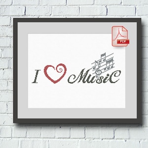 I Love Music | Cross stitch DIGITAL PATTERN | Easy Cross Stitch Pattern | PDF | Instant Download