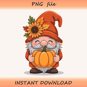 Fall Gnome with Pumpkin PNG – Cute Autumn Gnome Illustration for Sublimation and Print Projects, High Resolution PNG for Crafts
