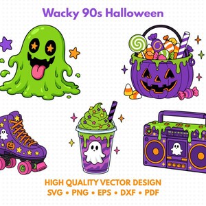 May include: A digital illustration set titled Wacky 90s Halloween featuring a green slime ghost, a purple jack-o'-lantern candy bucket, a purple roller skate with bat wings, a green whipped cream drink, and a purple boombox with green slime.