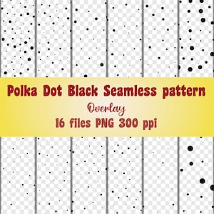 Op de afbeelding: Een set van 16 naadloze zwarte stippenpatronen. De patronen zijn in verschillende maten en dichtheden. De tekst "Polka Dot Black Seamless pattern Overlay 16 files PNG 300 ppi" staat bovenaan de afbeelding.