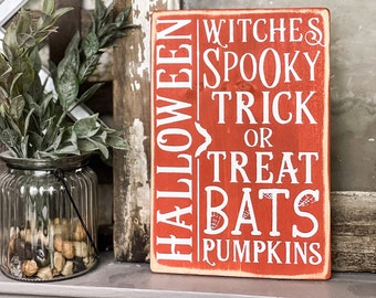 Halloween List Wood Sign, Witches Spooky Trick or Treat, Distressed Halloween Sign, Halloween Decor, Rustic Farmhouse Decor