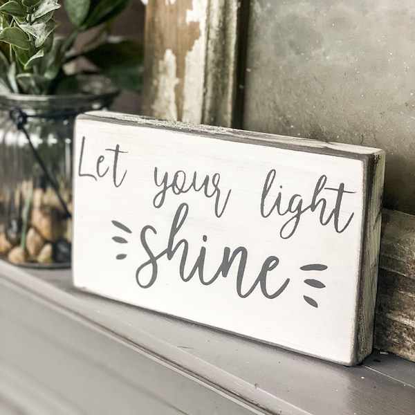 Let Your Light Shine Sign | Farmhouse Decor | Tiered Tray Decor | Inspirational Wood Sign