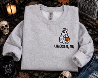 Halloween Sweatshirt for Nurses, Personalized Ghost Nurse Crewneck, Embroidered RN Sweatshirt, Custom Nurse Gift