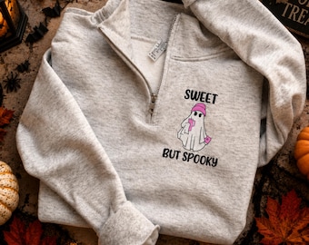 Sweet But Spooky Halloween Sweatshirt, Embroidered Ghost Quarter Zip, Cute Halloween Pullover, Coquette Spooky Season Apparel