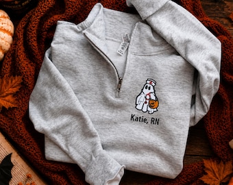 Halloween Nurse Sweatshirt, Personalized Ghost RN Quarter Zip, Embroidered Nurse Pullover, Spooky Nurse Gift