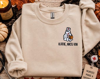 NICU Nurse Halloween Sweatshirt, Personalized Ghost Nurse Sweatshirt, Embroidered NICU Nurse Gift, Custom Neonatal Nurse Crewneck