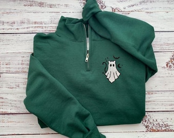 Halloween Sweatshirt-Halloween Embroidered Sweatshirt-Ghost Sweatshirt-Halloween Unique-Fall Sweatshirt-Spooky Season-1/4 zip G8