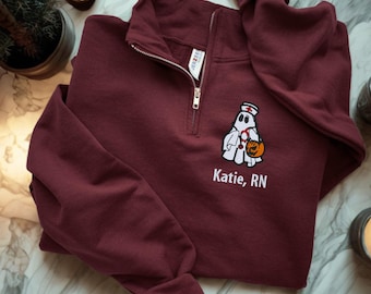 Personalized Ghost Nurse Quarter Zip, Halloween RN Sweatshirt, Custom Embroidered Nurse Pullover