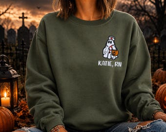 Halloween Sweatshirt for Nurses, Personalized Ghost Nurse Crewneck, Embroidered RN Sweatshirt, Custom Nurse Gift