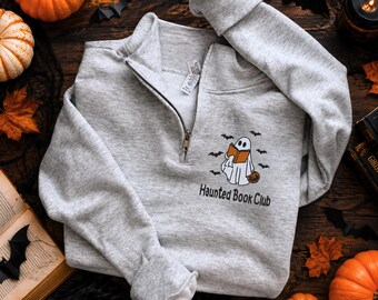 Cozy Fall Quarter Zip Sweatshirt, Embroidered Ghost Reading, Haunted Book Club Halloween Pullover