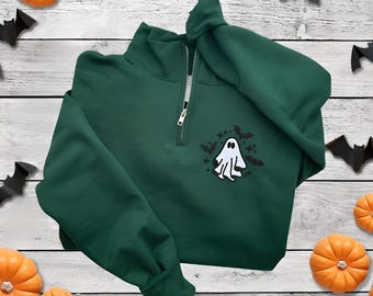 Halloween Sweatshirt-Ghost Sweatshirt-Halloween Embroidered Sweatshirt-Ghost-Halloween Shirt-Fall Sweatshirt-Spooky Season-1/4 zip G2