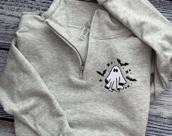 Halloween Sweatshirt-Halloween Shirt-Halloween Embroidered Sweatshirt-Ghost-Fall Sweatshirt-Spooky Season-1/4 zip G2