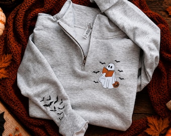 Book Lover Halloween Sweatshirt Quarter Zip, Ghost Reader Sweatshirt, Cozy Bookish Pullover, Fall Reader Gift