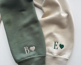 Custom Embroidered Sweatshirt, Initial Heart Sweatshirt On Sleeve, Personalized Couple Embroidered Hoodie, Anniversary Gift,Bride Sweatshirt