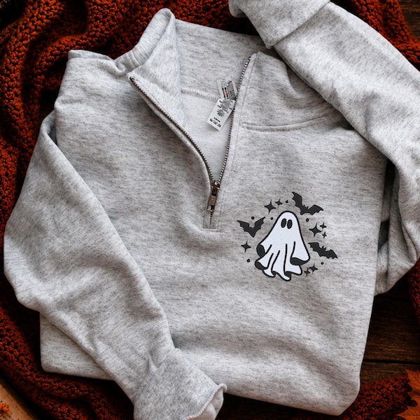 Sudadera acogedora con cremallera de un cuarto para Halloween, sudadera minimalista con bordado de fantasma, sudadera acogedora para otoño, jersey espeluznante neutro