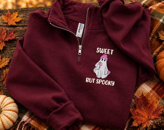Cute Halloween Sweatshirt, Embroidered Girl Ghost Pullover, Sweet But Spooky Apparel, Fall Ghost Sweatshirt