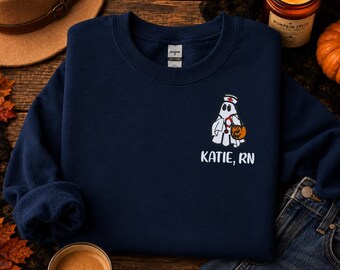 Halloween Nurse Sweatshirt, Personalized Ghost Nurse Crewneck, Embroidered RN Sweatshirt, Custom Nurse Gift, Spooky Season Apparel