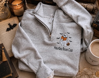 Bookish Quarter Zip Sweatshirt, Haunted Book Club Embroidered Pullover, Ghost Reader Fall Sweatshirt